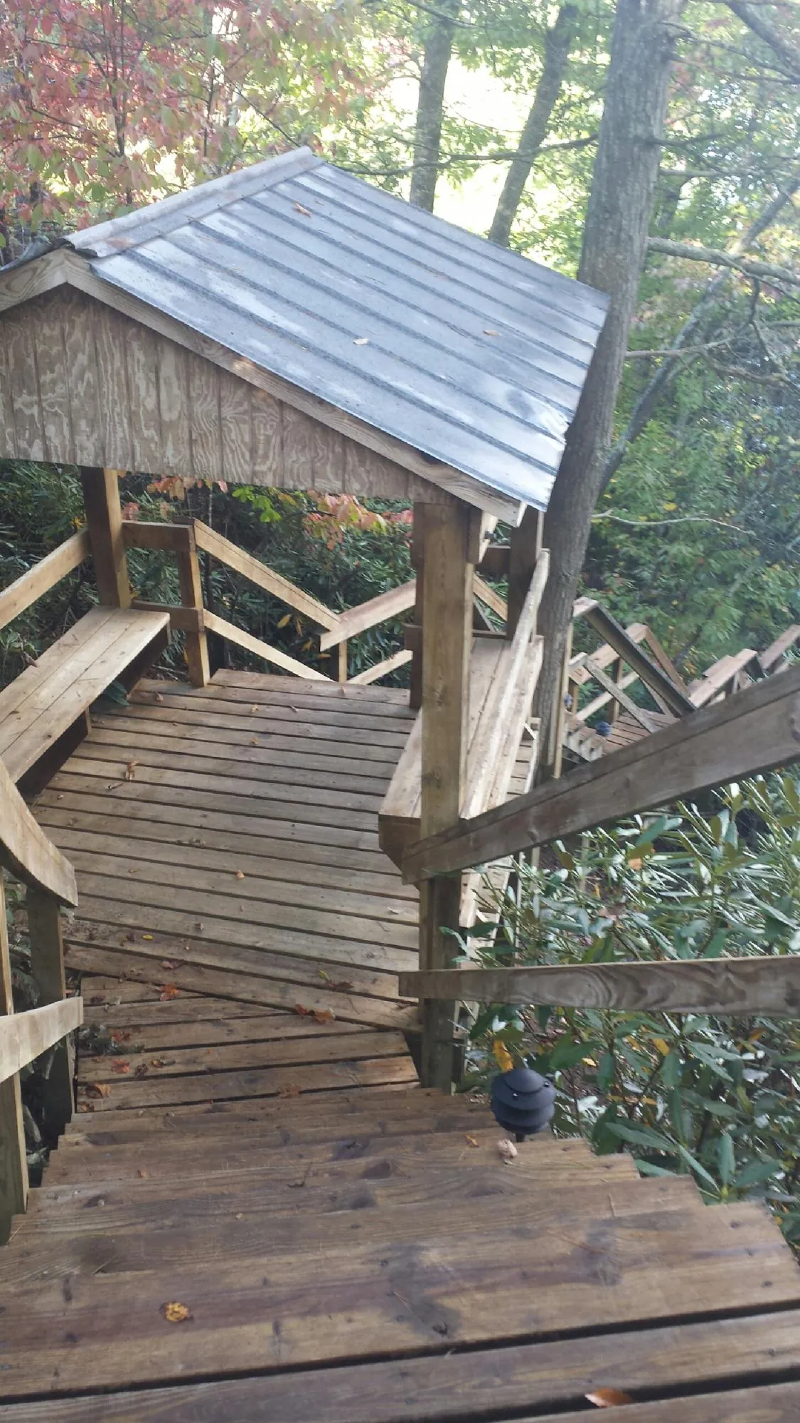 Metal roofed shelter over wooden steps on a wooded walkway — Skylight Repair & Installation work by our crew in Dyer